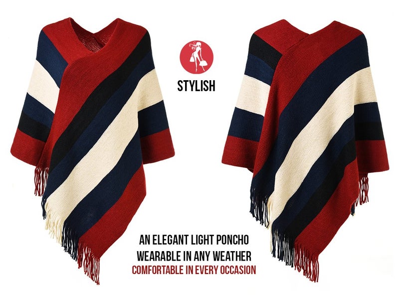 Ferand Women's Striped Poncho Sweater Cozy Knit Fringe Shawl Wraps for Fall Winter - Image 3